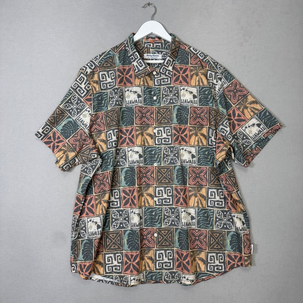 Tommy Bahama Coast Palm Tiles Camp Shirt Mens XXXL Gray Hawaii Aloha Tropical